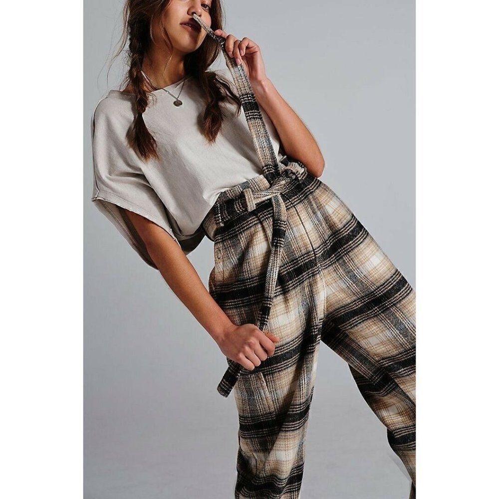 NEW FREE PEOPLE Sz 2 KYE WOOL TROUSERS PLAID HIGH WAIST BELTED PANTS
